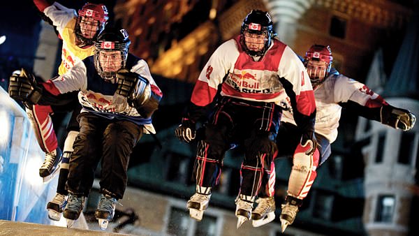 Rob Craighton, Coleton Haywood, BJ Maksymyk and Raphael Robitaille head downhill during the Red Bull Crashed Ice World Championship in Vieux,  Quebec