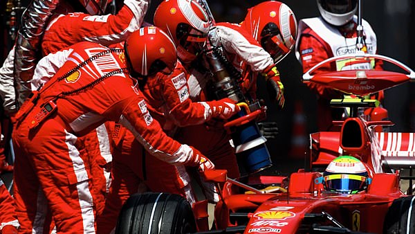 Massa being refuelled in the pitlane at the Spanish GP in 2008, otherwise known as the only place to pass in Barcelona.