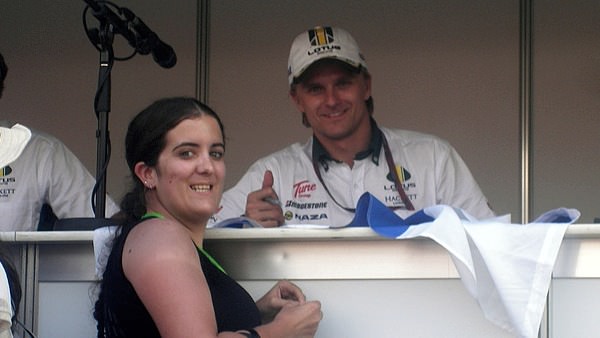 Amy's weekend is made on the Thursday, by meeting Heikki Kovalainen