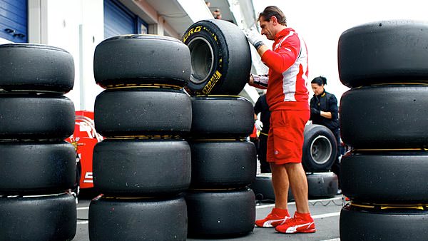 Ferrari organise their Pirelli tyres at the Nürburgring