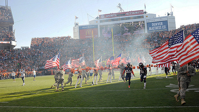 Denver Broncos players during the pregame ceremony