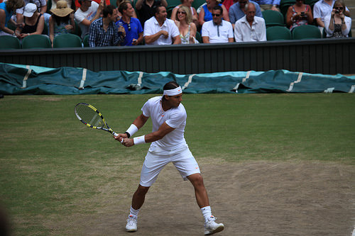 Rafael Nadal warming up during the second week of Wimbledon