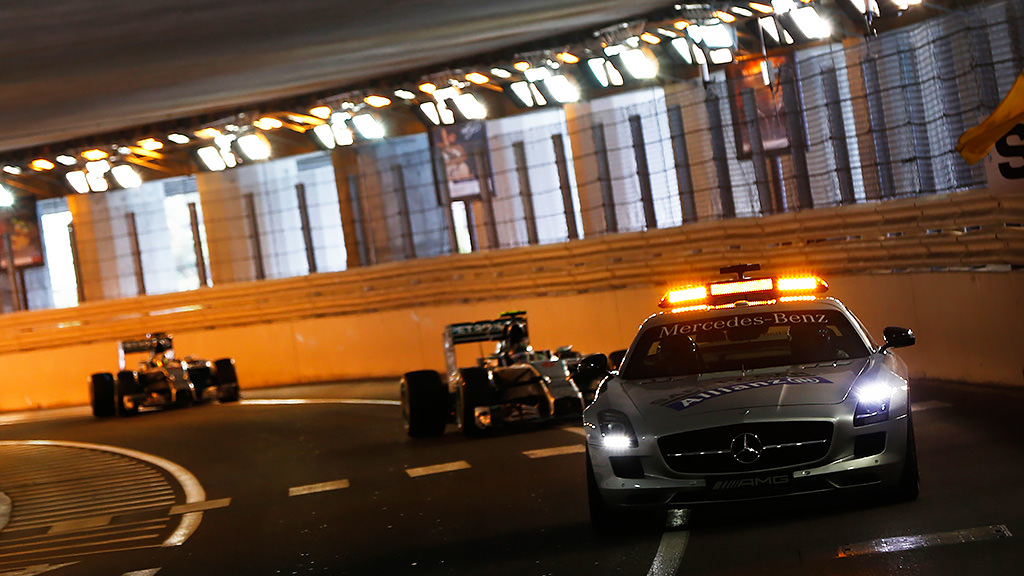 The safety car leads Mercedes during the Monaco GP