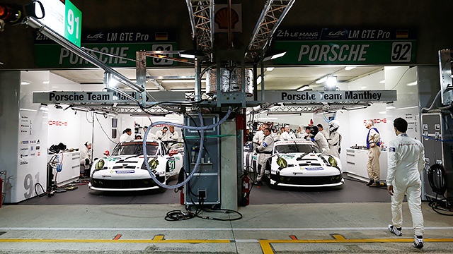 Porsche 911 RSR in the Le Mans garage