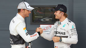 Button and Rosberg post qualifying at Silverstone