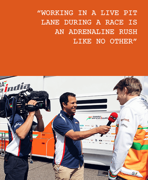 Ted Kravitz interviews Hülkenberg in the F1 paddock, filmed by Sky cameras