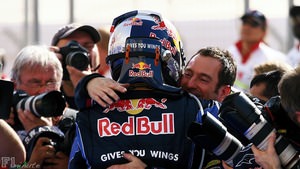 Sebastian Vettel celebrates pole position in Bahrain